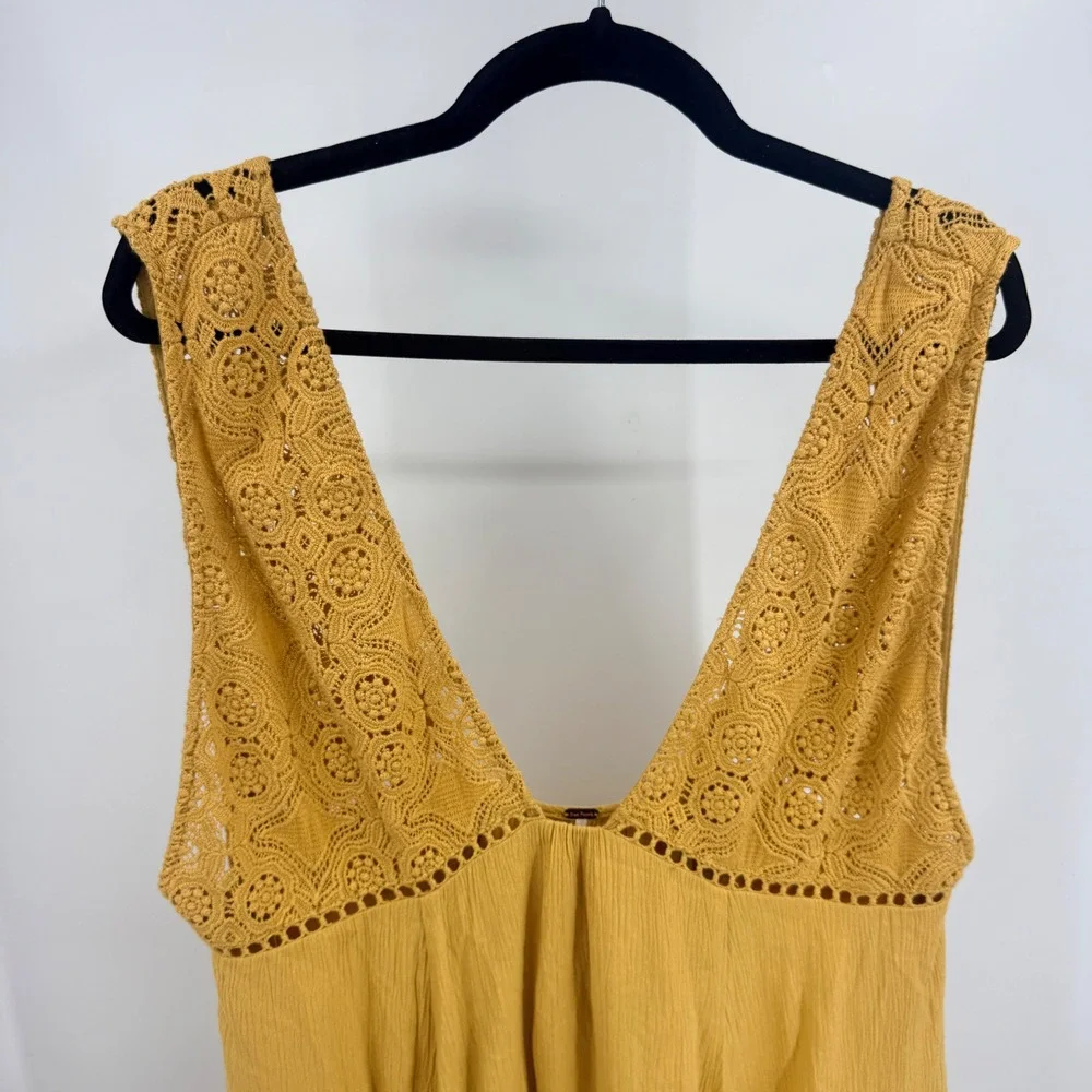 Free People Mustard Yellow Crochet Lace V-Neck Ruffle Mini Dress Womens Medium